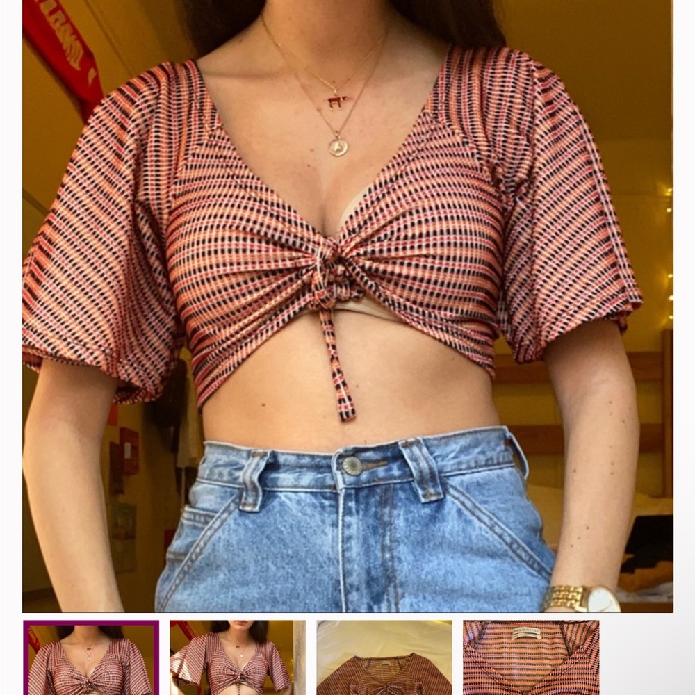 Urban Outfitters Rust and Black Striped Tie-Front Crop Top